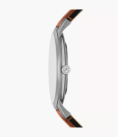 Round 44mm stainless steel case of Fossil Minimalist watch, angled view