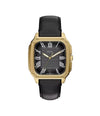 Fossil Crosby FS6151 gold-tone stainless steel quartz watch with black guilloché dial, white Roman numerals, and black leather strap
