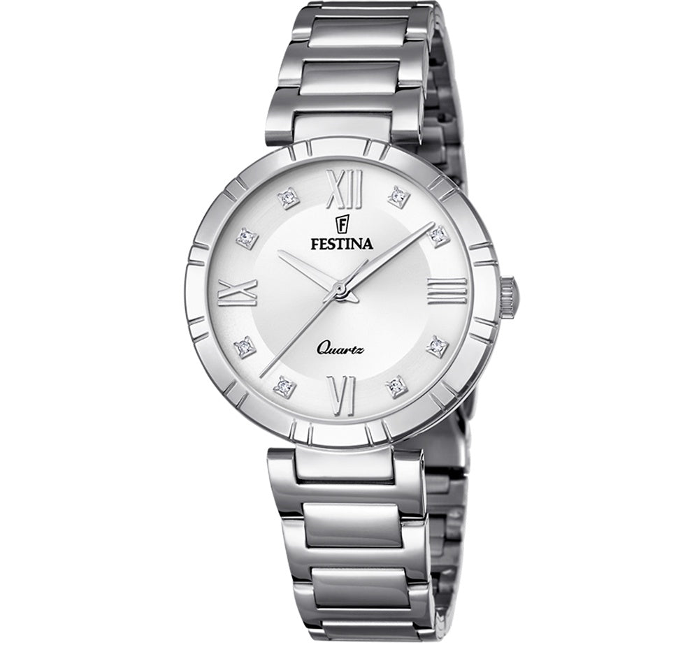 Festina Mademoiselle F16936/A ladies quartz watch with silver dial diamond markers and stainless steel bracelet