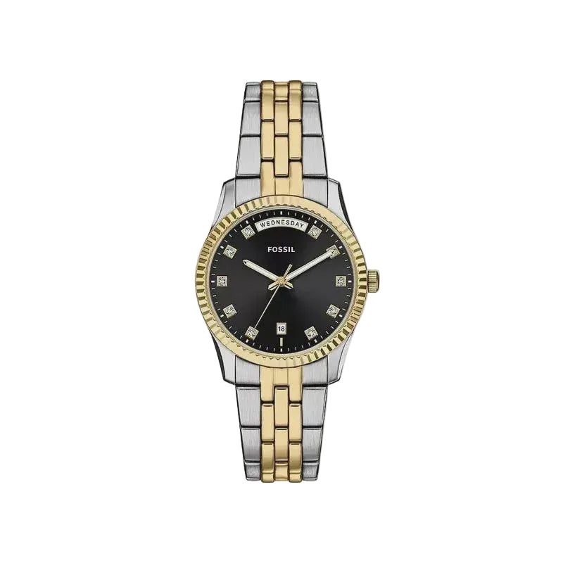 Fossil Scarlette ES5458 women's watch with black dial and two-tone steel bracelet