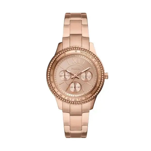 Fossil Stella Sport ES5106 rose gold-tone stainless steel women's multifunction watch with crystal bezel and sunray dial