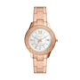 Fossil Stella ES5131 rose gold-tone quartz watch with white mother-of-pearl dial, crystal-set bezel, date window, and stainless steel bracelet