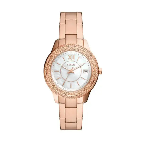 Fossil Stella ES5131 rose gold-tone quartz watch with white mother-of-pearl dial, crystal-set bezel, date window, and stainless steel bracelet