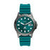 Fossil FS5995 Blue quartz watch with teal dial, grey stainless steel case, unidirectional bezel, and silicone strap