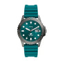Fossil FS5995 Blue quartz watch with teal dial, grey stainless steel case, unidirectional bezel, and silicone strap