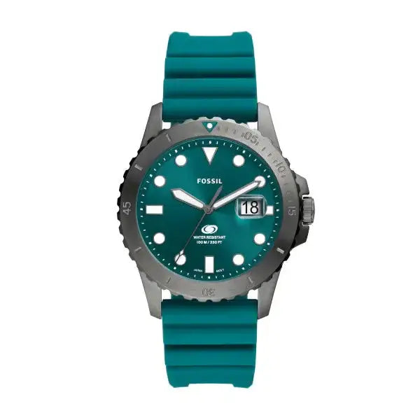 Fossil FS5995 Blue quartz watch with teal dial, grey stainless steel case, unidirectional bezel, and silicone strap