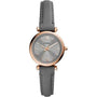 Fossil Carlie Mini ES5068 womens quartz watch with 28mm rose gold case grey sunray dial and grey leather strap