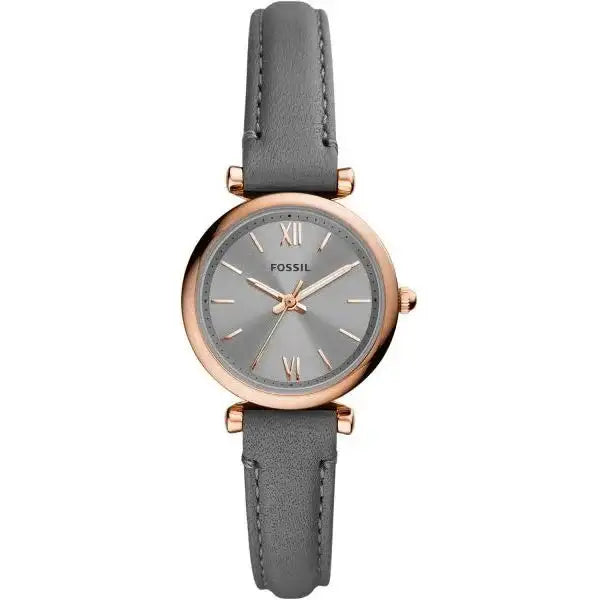 Fossil Carlie Mini ES5068 womens quartz watch with 28mm rose gold case grey sunray dial and grey leather strap