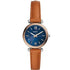 Fossil Carlie Mini ES4701 quartz watch with blue mother-of-pearl dial, rose gold-tone case, and tan leather strap