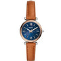 Fossil Carlie Mini ES4701 quartz watch with blue mother-of-pearl dial, rose gold-tone case, and tan leather strap
