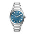 Fossil Everett FS6054 quartz watch with blue sunray dial and stainless steel bracelet on white background