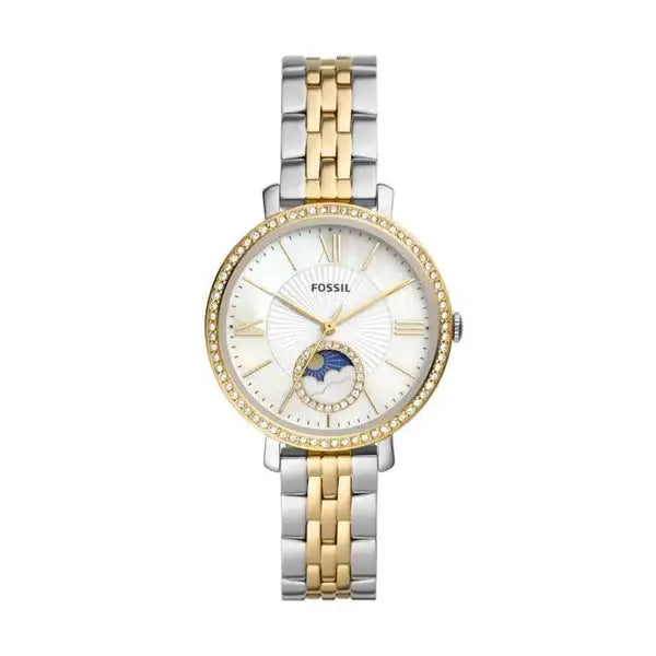 Fossil Jacqueline ES5166 moonphase two-tone stainless steel watch with mother-of-pearl dial and crystal bezel
