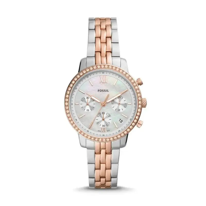 Fossil Neutra ES5279 women's chronograph watch with mother-of-pearl dial, crystal-set rose gold bezel, and two-tone stainless steel bracelet