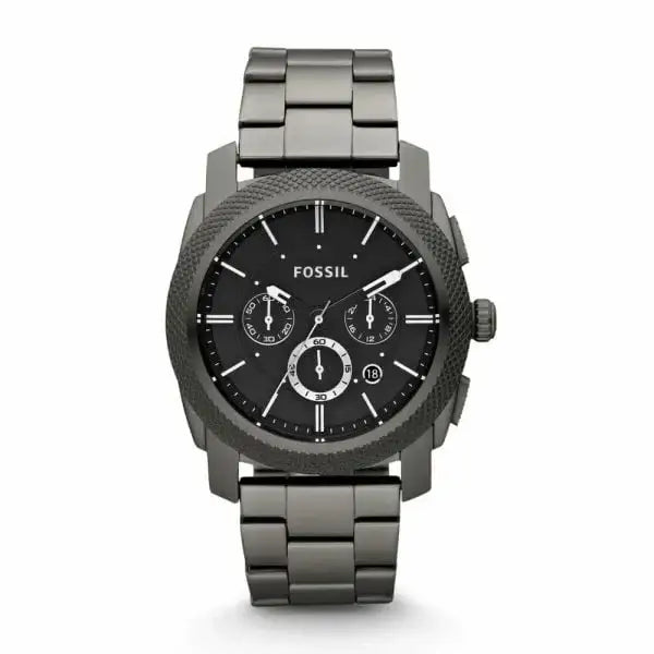 Fossil Machine FS4662 chronograph watch in smoke grey ion-plated stainless steel with black dial and three sub-dials