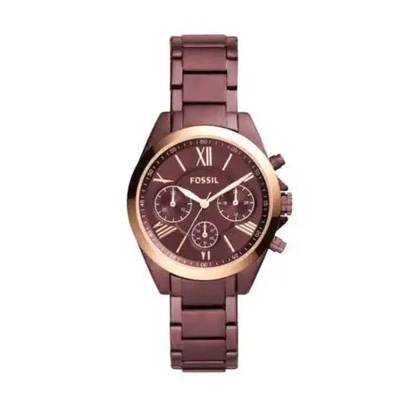Fossil Modern Courier BQ3281 women's quartz chronograph watch with wine sunray dial, rose gold bezel, and wine-tone stainless steel bracelet
