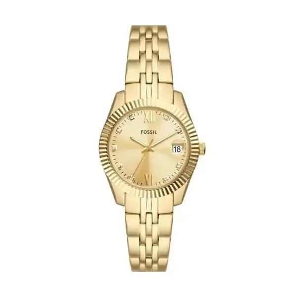Fossil Scarlette ES5338 gold-tone stainless steel women's quartz watch with champagne sunray dial, crystal markers, date display, and coin-edge bezel on integrated five-link bracelet
