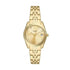 Fossil Scarlette ES5338 gold-tone stainless steel women's quartz watch with champagne sunray dial, crystal markers, date display, and coin-edge bezel on integrated five-link bracelet