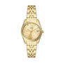 Fossil Scarlette ES5338 gold-tone stainless steel women's quartz watch with champagne sunray dial, crystal markers, date display, and coin-edge bezel on integrated five-link bracelet