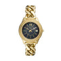 Fossil Stella ES5133 multifunction quartz ladies watch with black sunray dial, crystal-set bezel, and gold-tone stainless steel curb-link bracelet