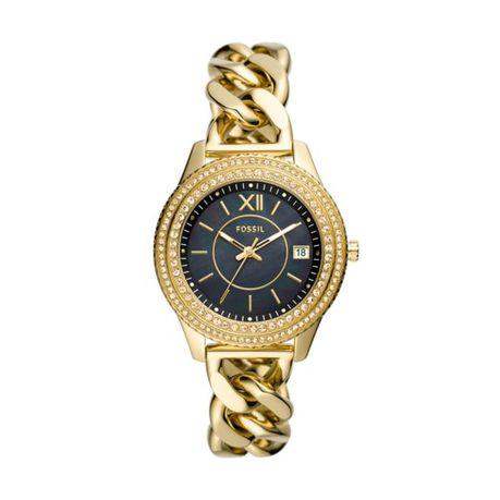 Fossil Stella ES5133 multifunction quartz ladies watch with black sunray dial, crystal-set bezel, and gold-tone stainless steel curb-link bracelet