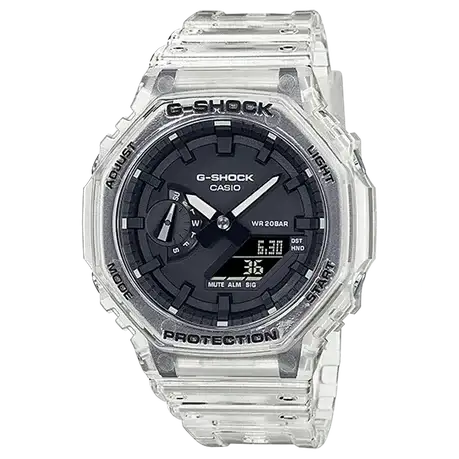 Casio G-Shock GA-2100SKE-7ADR transparent skeleton watch with clear resin case and black carbon dial