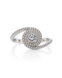 18ct white gold double halo engagement ring with swirl bypass design and pavé shoulders