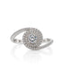 18ct white gold double halo engagement ring with swirl bypass design and pavé shoulders