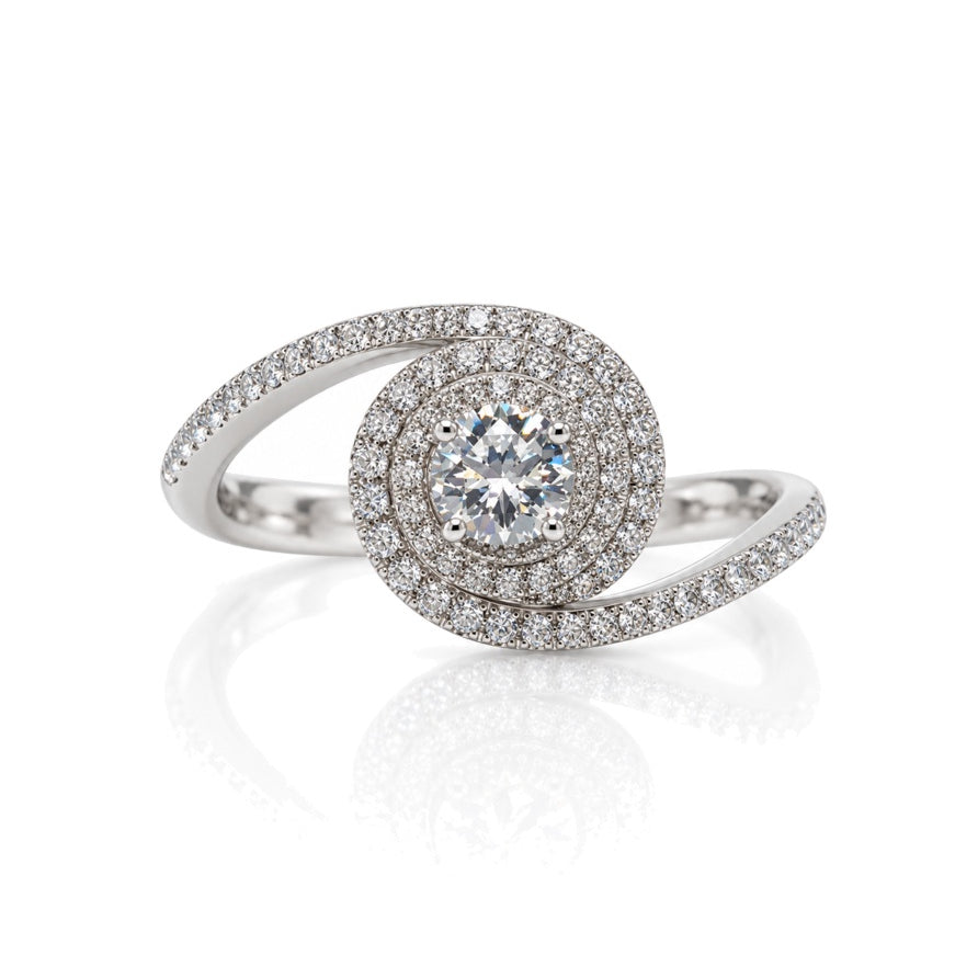 18ct white gold double halo engagement ring with swirl bypass design and pavé shoulders