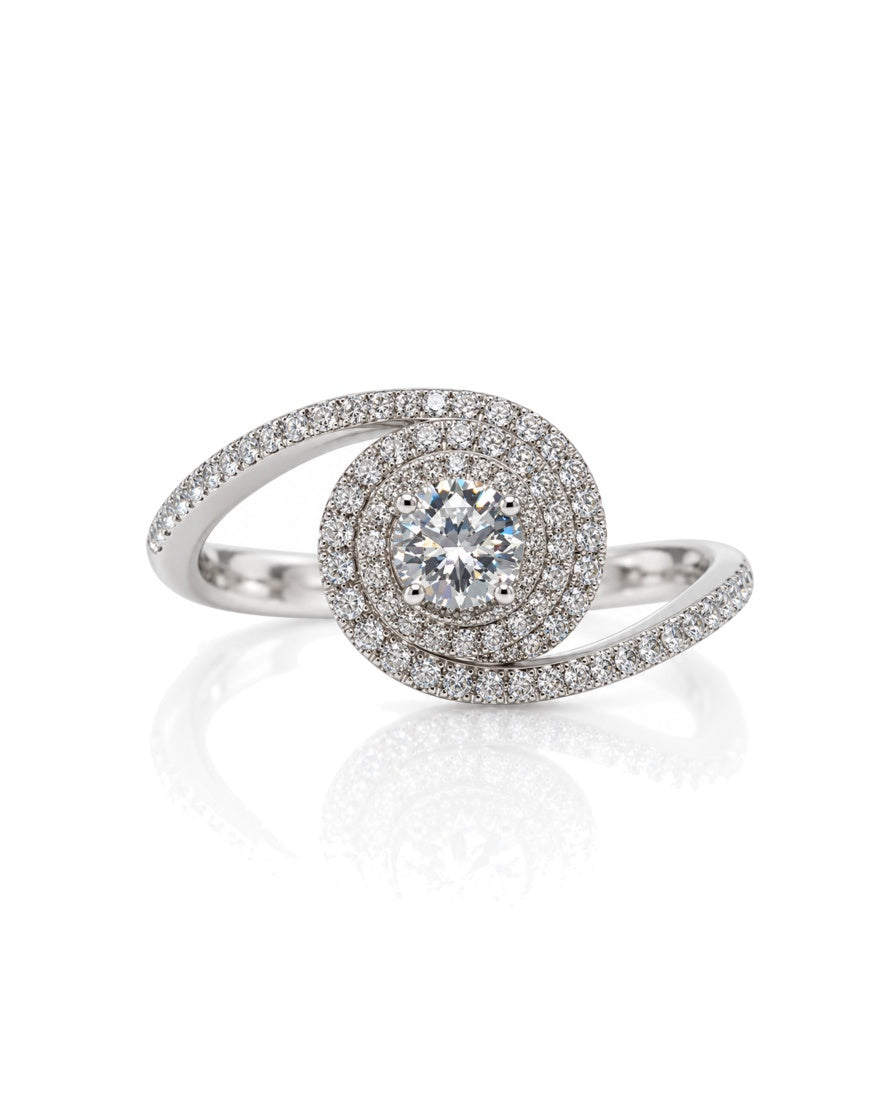 18ct white gold double halo engagement ring with swirl bypass design and pavé shoulders