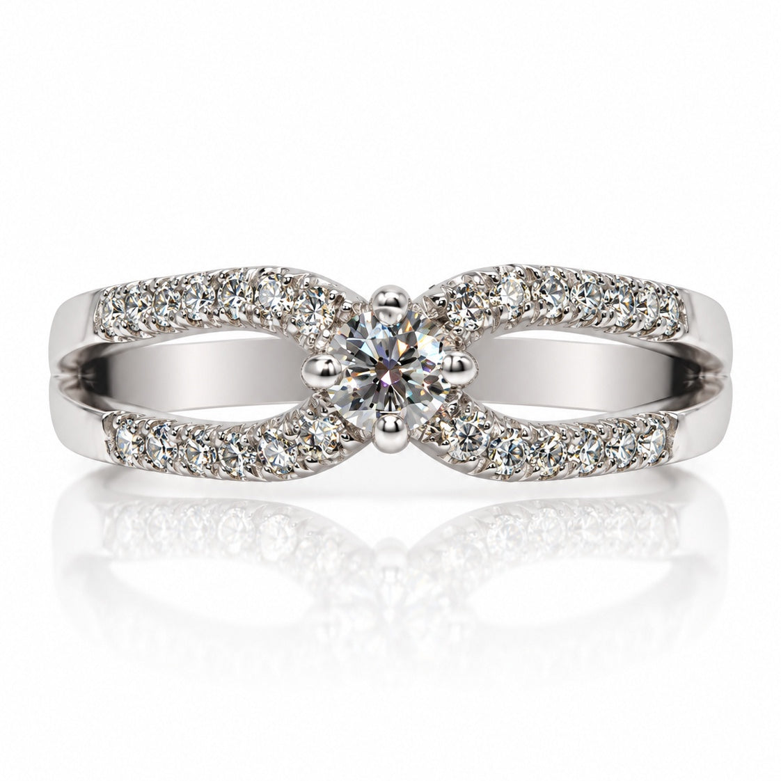 9ct white gold engagement ring with split shank, pavé diamonds and four-claw centre setting