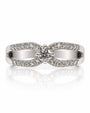 9ct white gold engagement ring with split shank, pavé diamonds and four-claw centre setting
