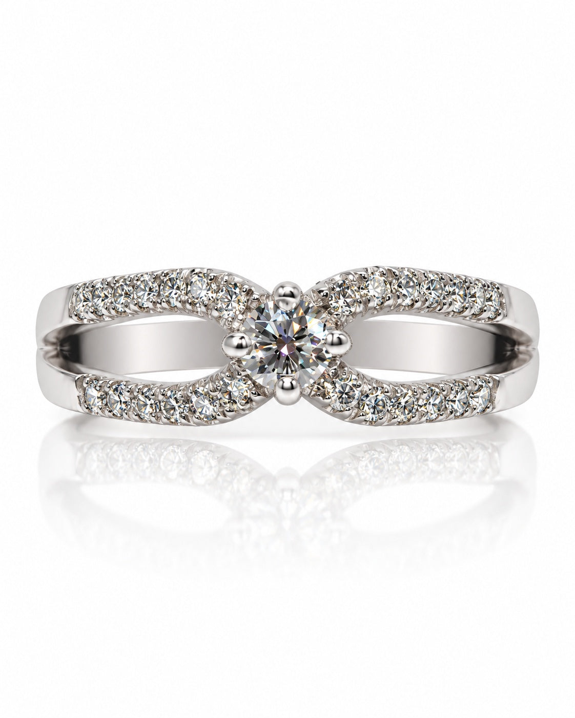9ct white gold engagement ring with split shank, pavé diamonds and four-claw centre setting