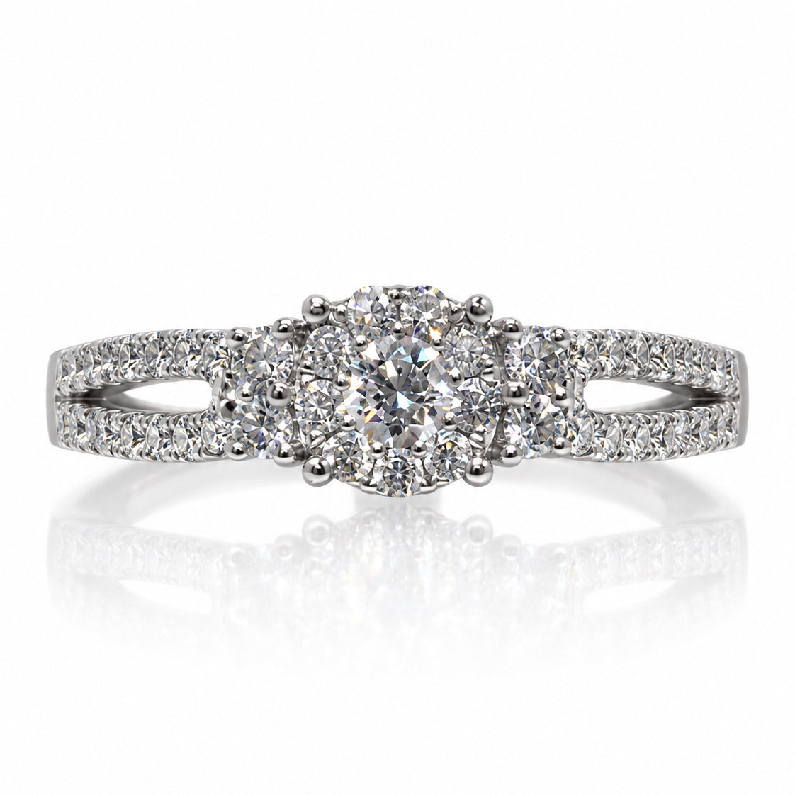 9ct white gold engagement ring with round diamond cluster halo and split shank pavé shoulders