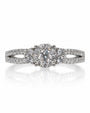 9ct white gold engagement ring with round diamond cluster halo and split shank pavé shoulders