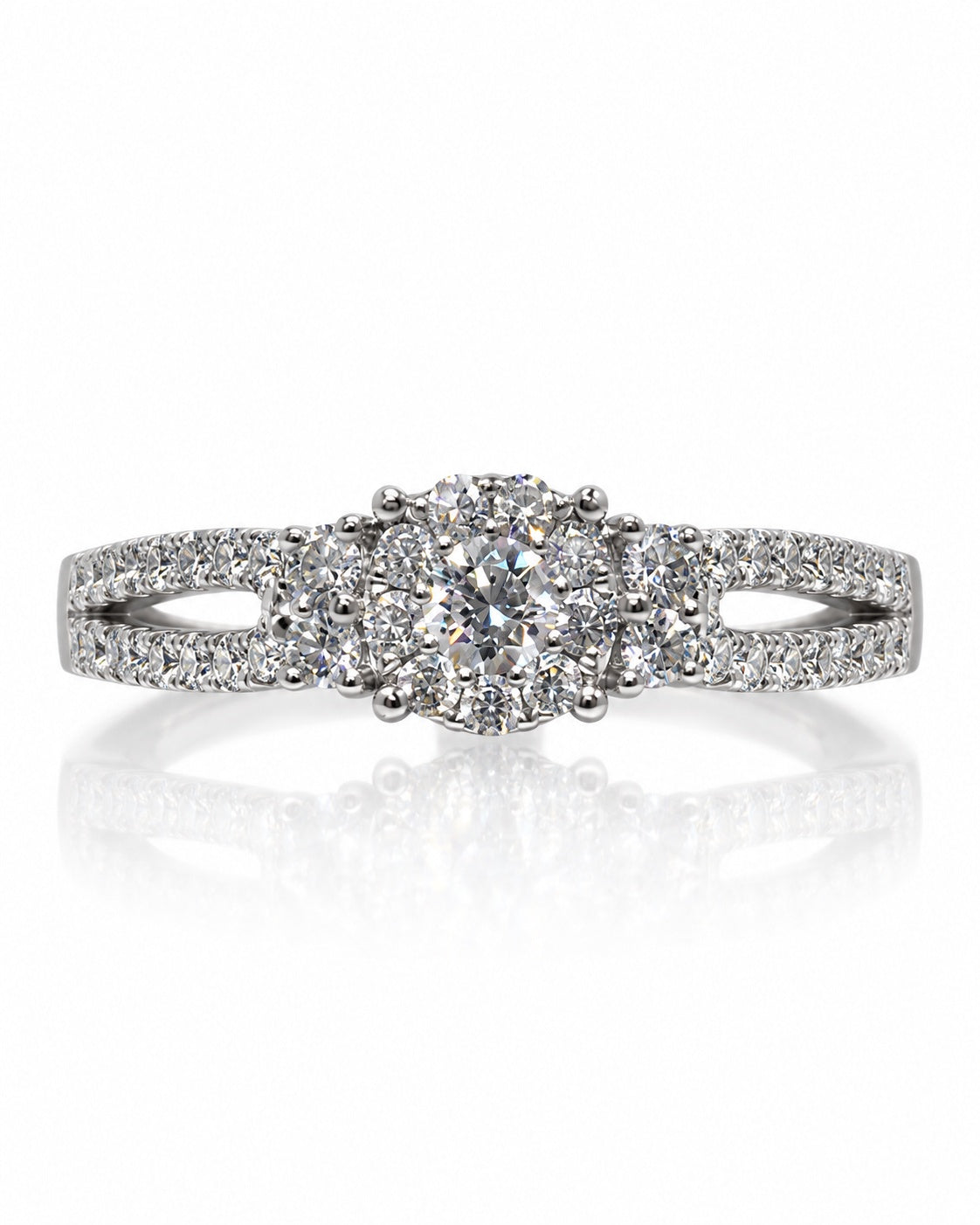9ct white gold engagement ring with round diamond cluster halo and split shank pavé shoulders