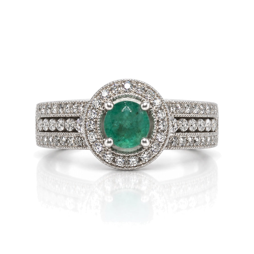 9ct white gold halo engagement ring with 0.39ct diamonds and triple-row pavé shoulders