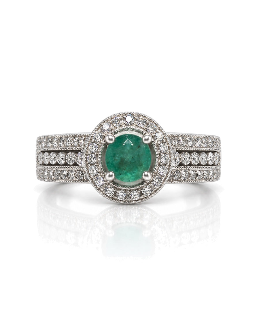 9ct white gold halo engagement ring with 0.39ct diamonds and triple-row pavé shoulders