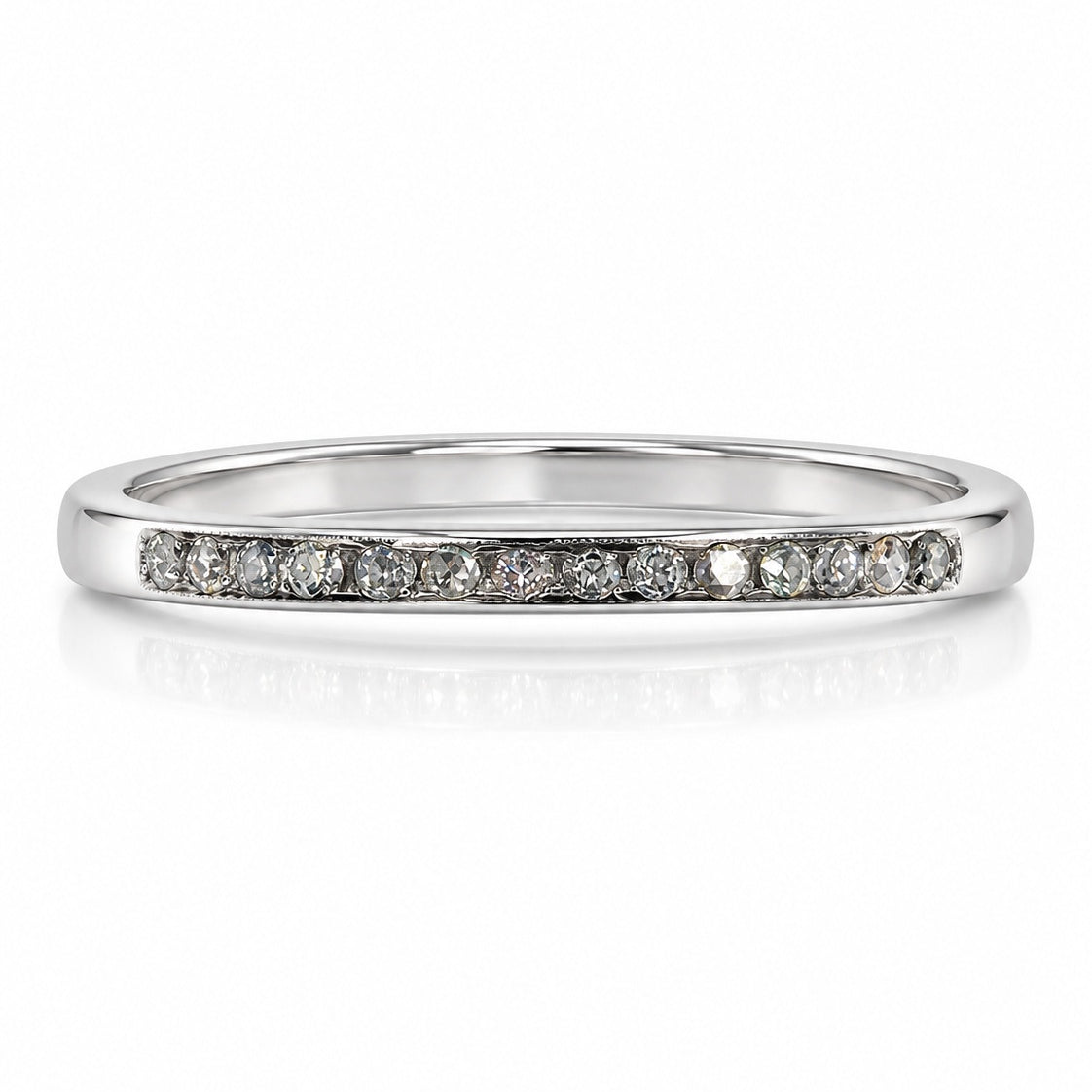 9ct white gold half eternity wedding band with channel-set round diamonds and polished finish