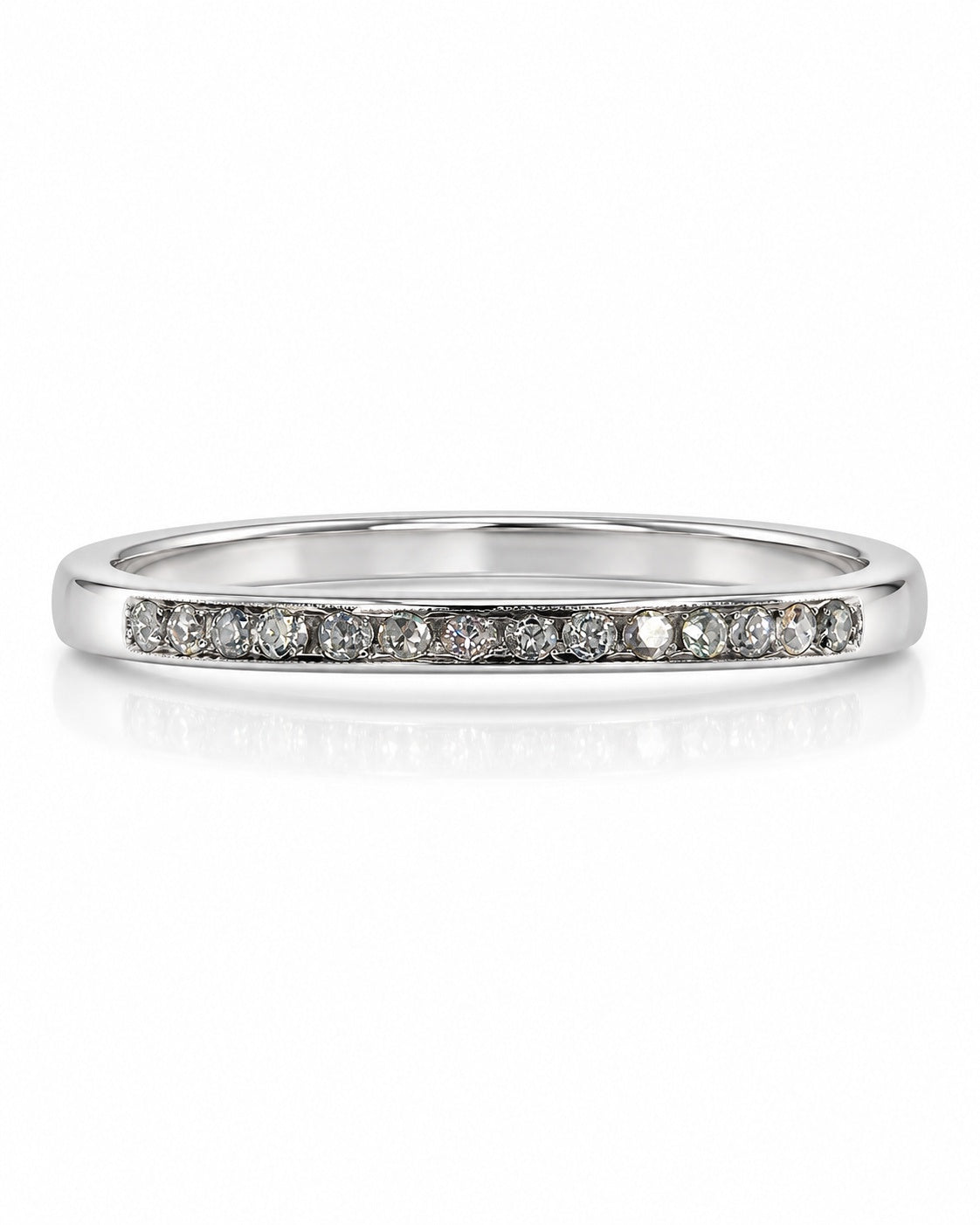 9ct white gold half eternity wedding band with channel-set round diamonds and polished finish