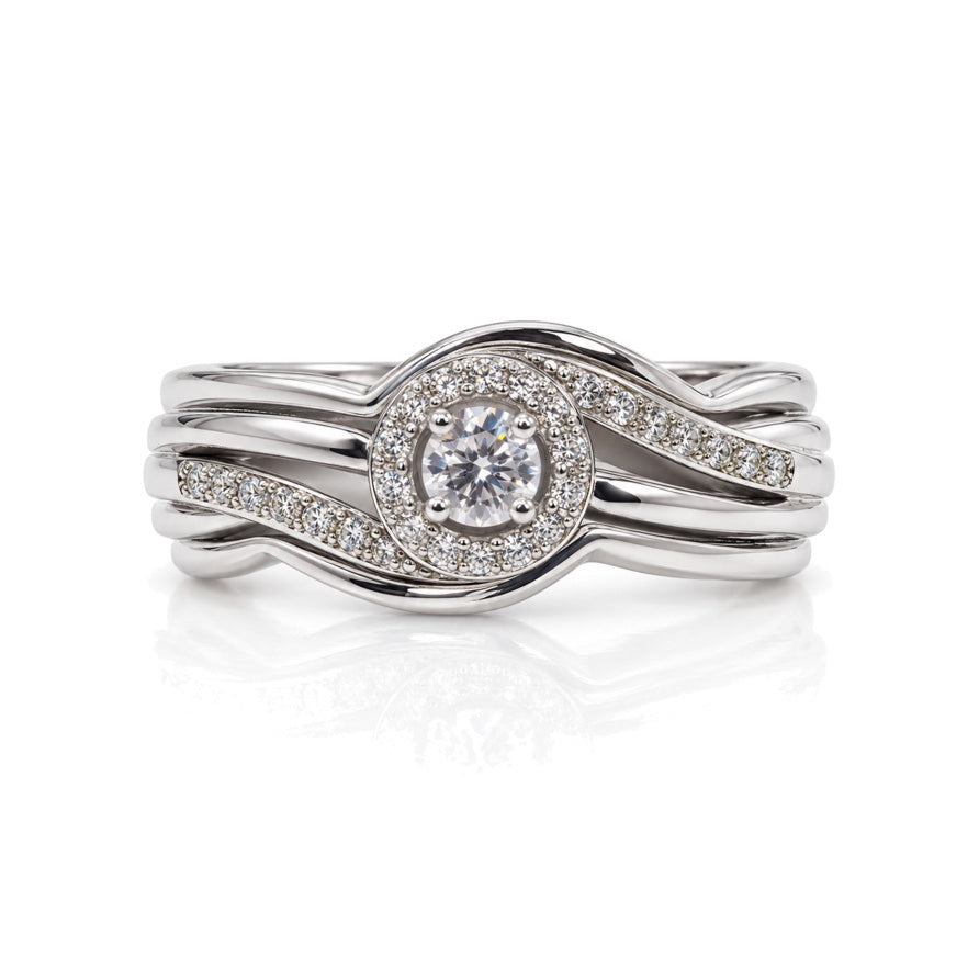 9ct white gold halo engagement ring with 0.25ct round diamonds and twisted pavé shoulders