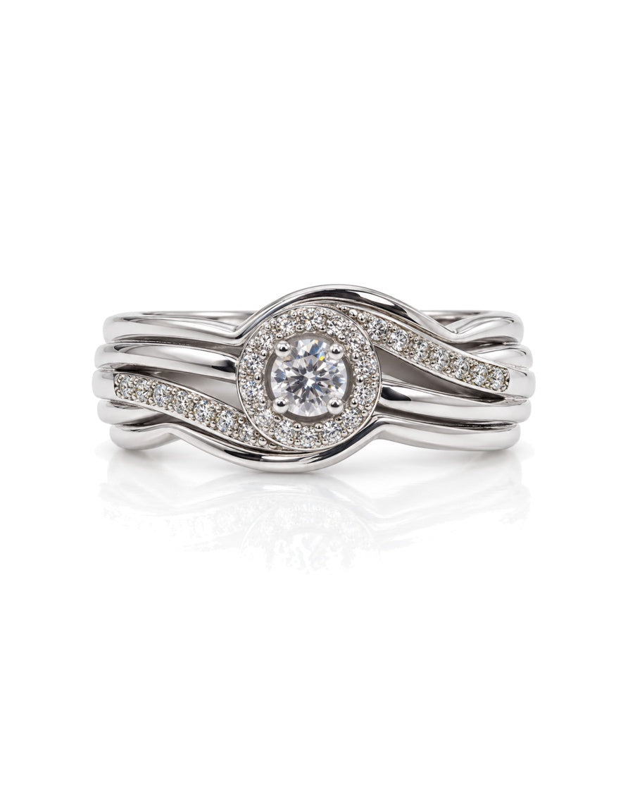 9ct white gold halo engagement ring with 0.25ct round diamonds and twisted pavé shoulders