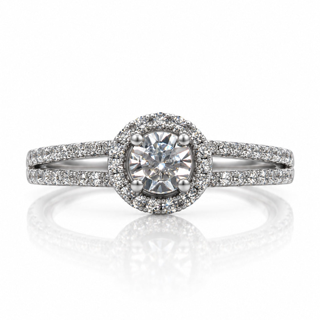 9ct white gold split shank halo engagement ring with 0.23 carat round diamonds and illusion setting