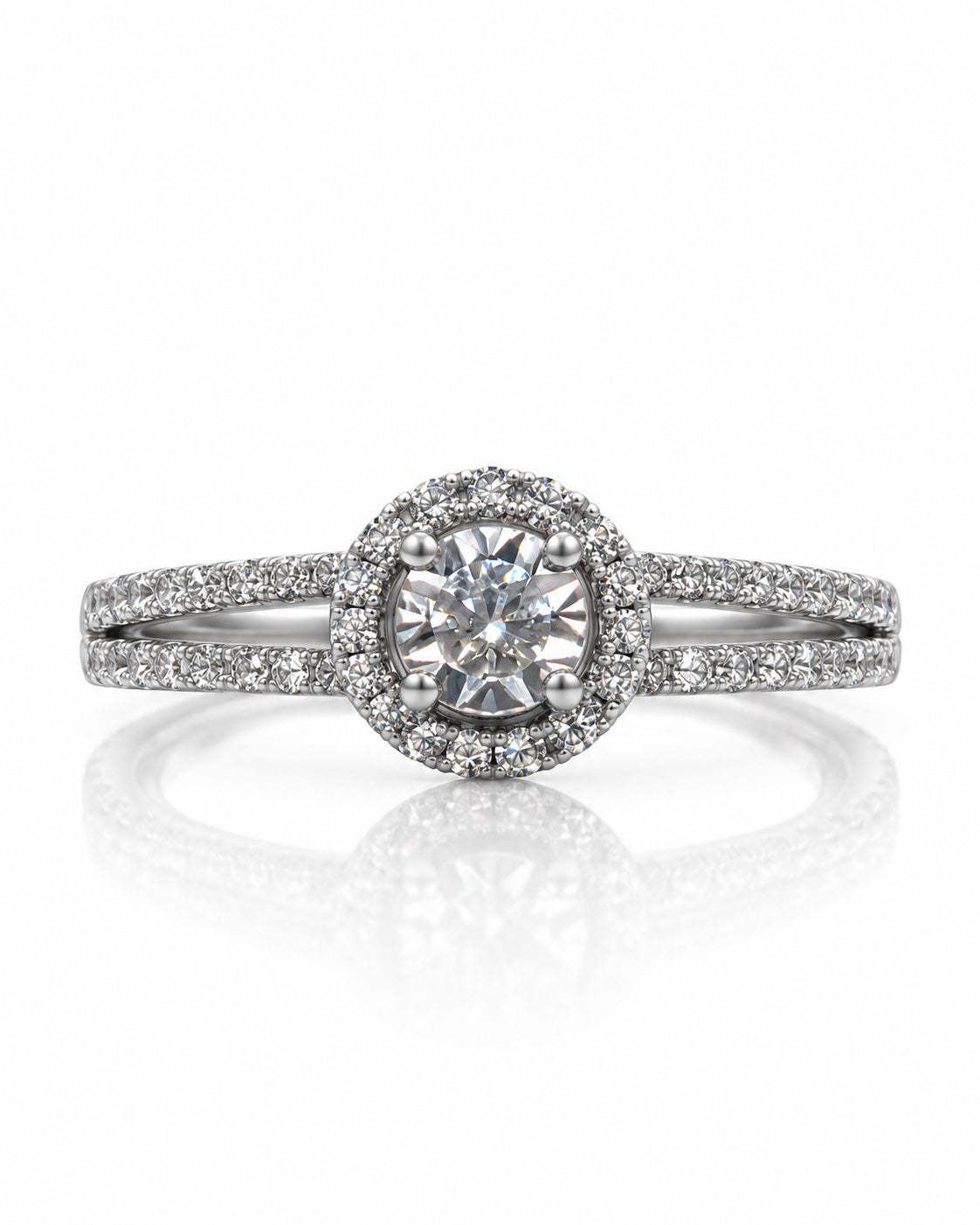 9ct white gold split shank halo engagement ring with 0.23 carat round diamonds and illusion setting