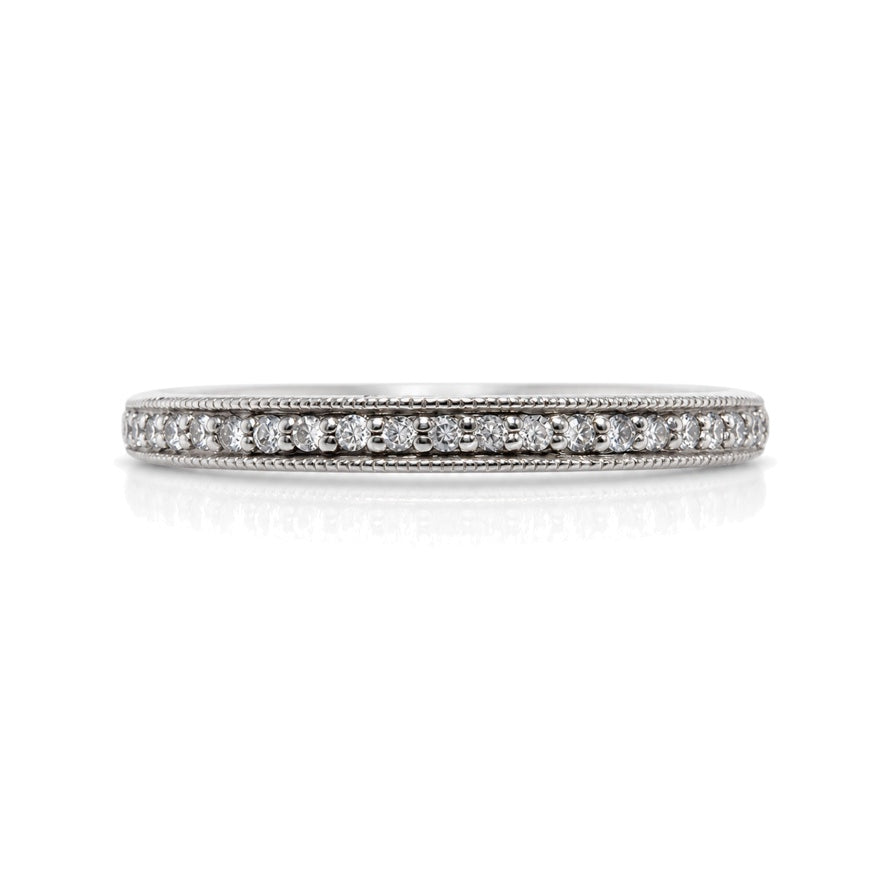 9ct white gold wedding band with grain-set round diamonds and milgrain edge detail