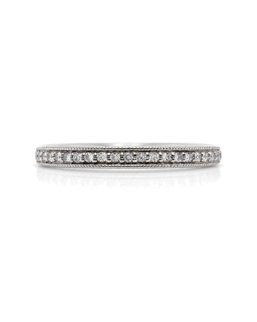 9ct white gold wedding band with grain-set round diamonds and milgrain edge detail