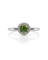 9ct white gold round peridot halo engagement ring with diamond surround and four-claw setting