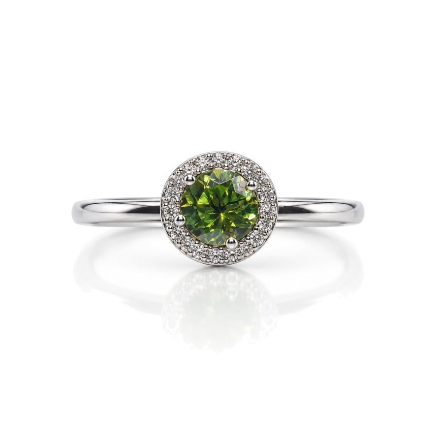 9ct white gold round peridot halo engagement ring with diamond surround and four-claw setting