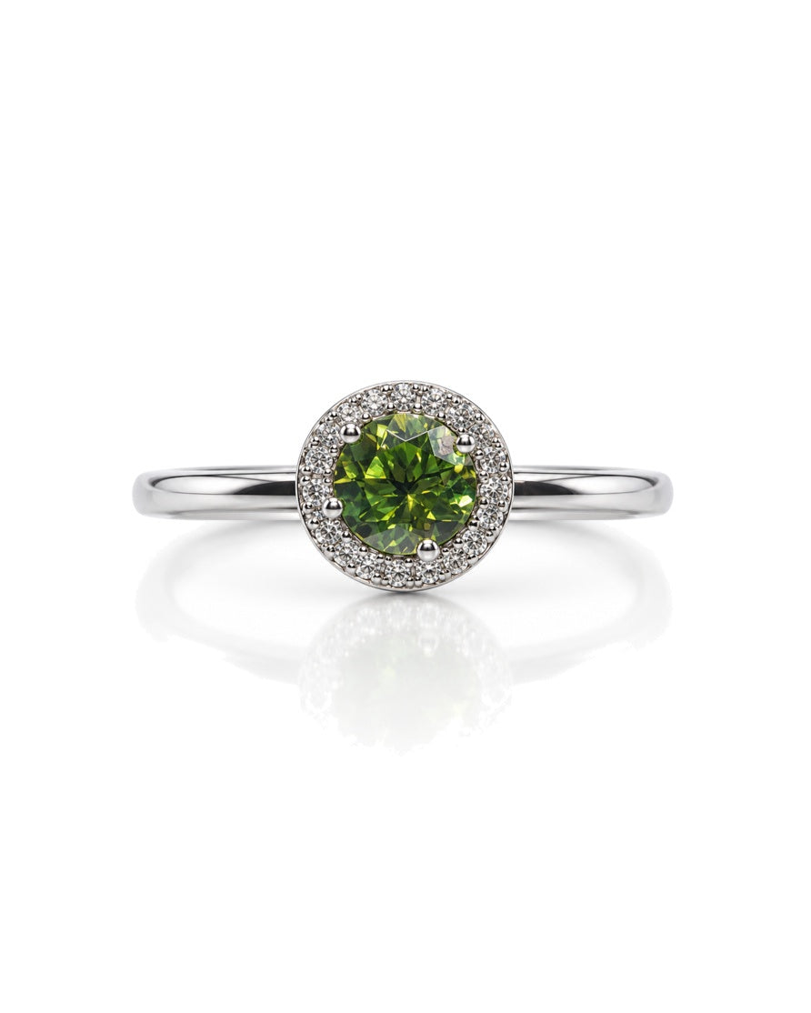 9ct white gold round peridot halo engagement ring with diamond surround and four-claw setting