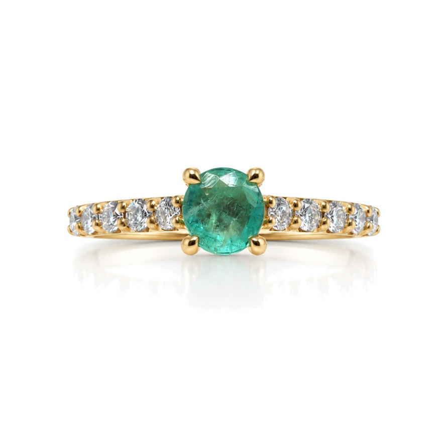 9ct yellow gold engagement ring with 0.50ct round emerald and pavé diamond shoulders