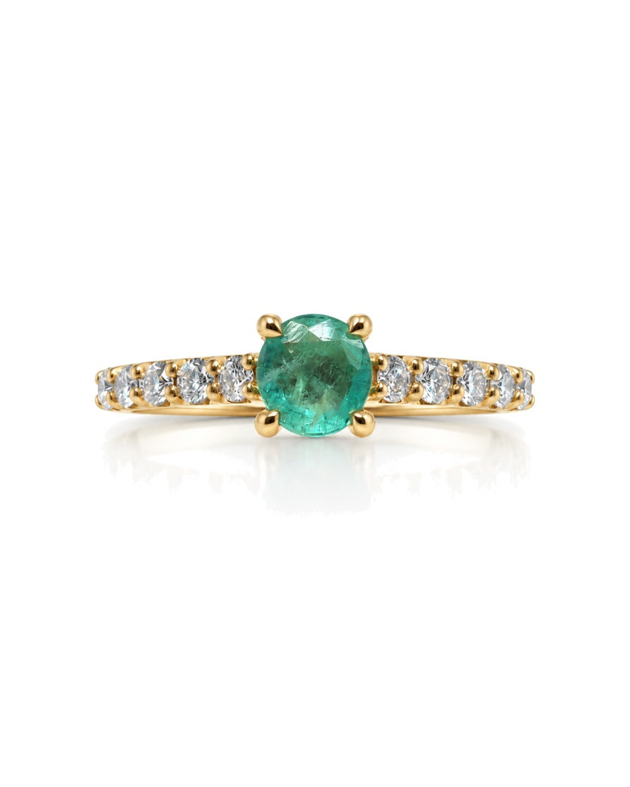 9ct yellow gold engagement ring with 0.50ct round emerald and pavé diamond shoulders